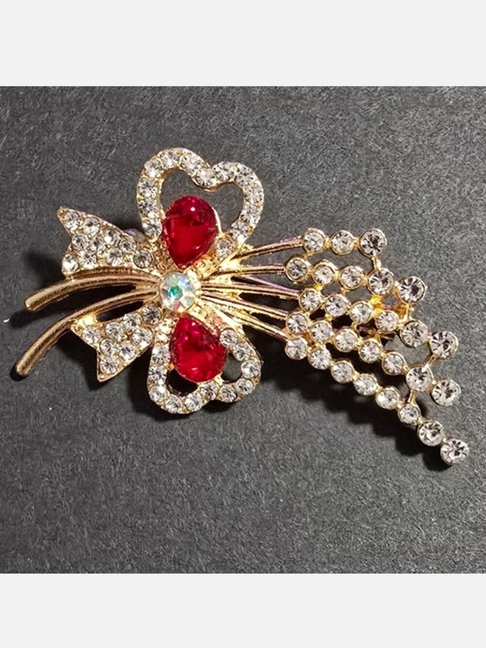 Fashion Jewelry Gold-Tone Floral Brooch with Clear Crystals and Ruby Red Accents